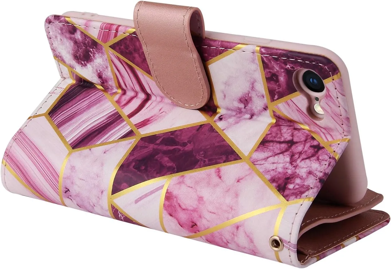 UEEBAI Wallet Case for iPhone 7/iPhone 8/iPhone SE, PU Leather Case Magnetic Closure Handbag Zipper Pocket Case Kickstand Card Slots with Hand Strap Marple Flip Case for Women - Marble Purple