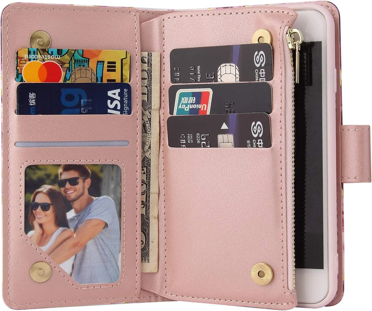 UEEBAI Wallet Case for iPhone 7/iPhone 8/iPhone SE, PU Leather Case Magnetic Closure Handbag Zipper Pocket Case Kickstand Card Slots with Hand Strap Marple Flip Case for Women - Marble Purple