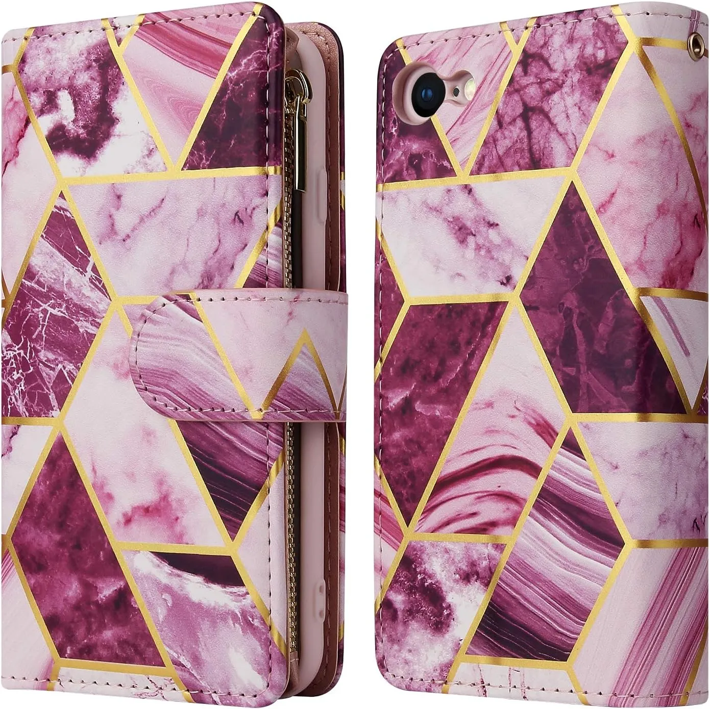 UEEBAI Wallet Case for iPhone 7/iPhone 8/iPhone SE, PU Leather Case Magnetic Closure Handbag Zipper Pocket Case Kickstand Card Slots with Hand Strap Marple Flip Case for Women - Marble Purple