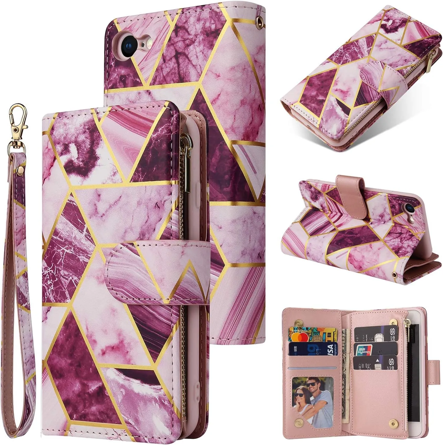UEEBAI Wallet Case for iPhone 7/iPhone 8/iPhone SE, PU Leather Case Magnetic Closure Handbag Zipper Pocket Case Kickstand Card Slots with Hand Strap Marple Flip Case for Women - Marble Purple