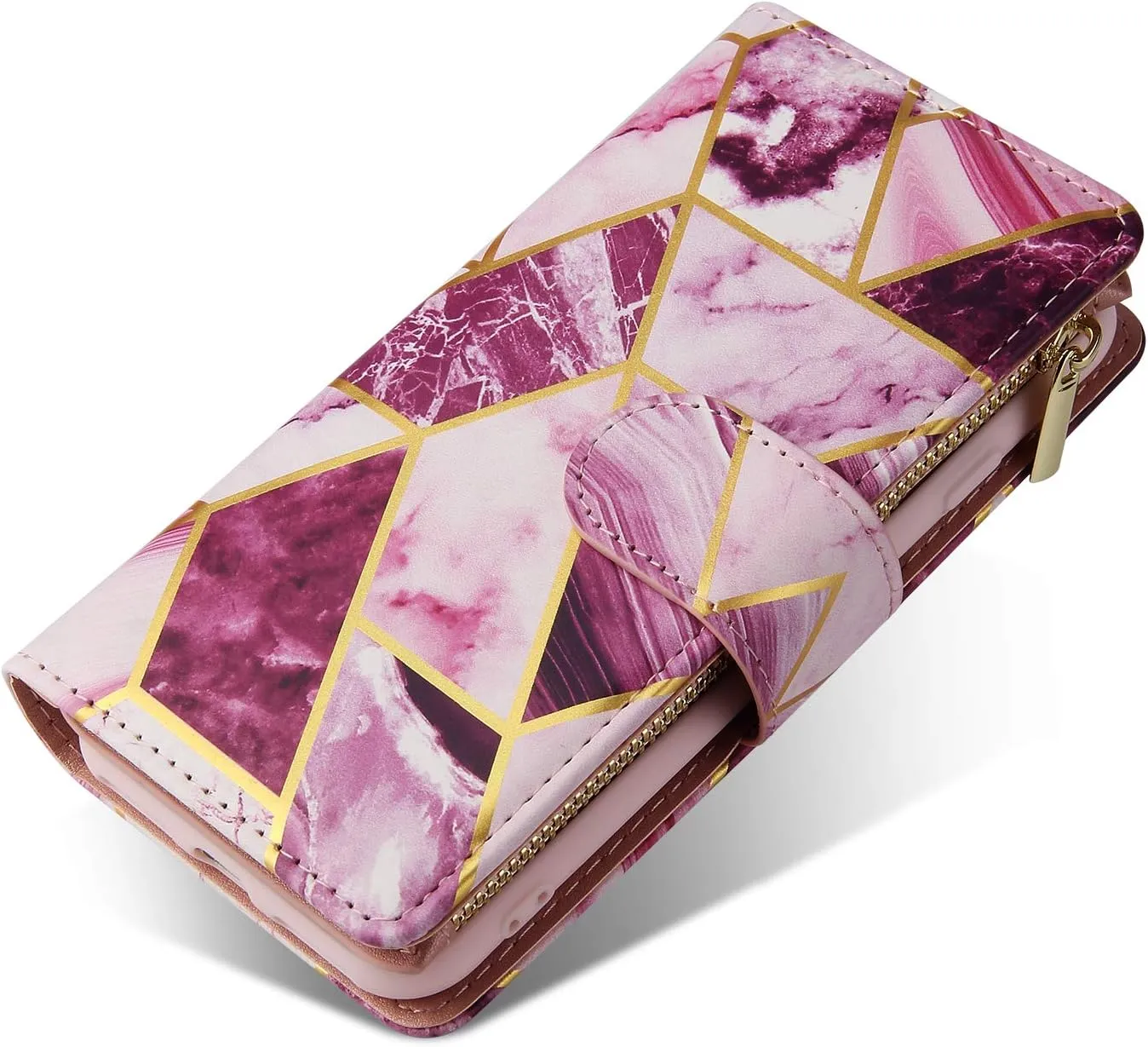 UEEBAI Wallet Case for iPhone 7/iPhone 8/iPhone SE, PU Leather Case Magnetic Closure Handbag Zipper Pocket Case Kickstand Card Slots with Hand Strap Marple Flip Case for Women - Marble Purple