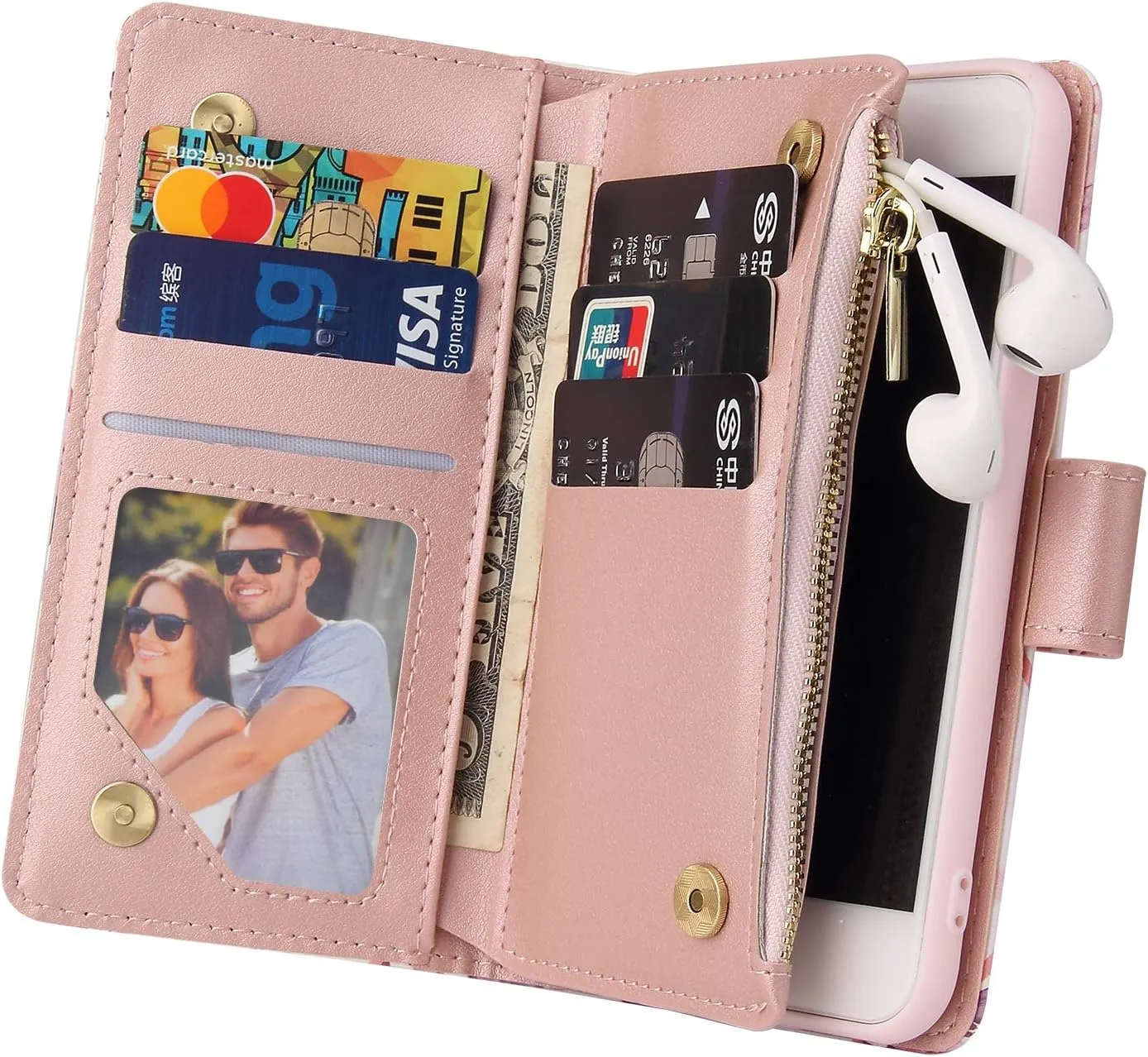 UEEBAI Wallet Case for iPhone 7/iPhone 8/iPhone SE, PU Leather Case Magnetic Closure Handbag Zipper Pocket Case Kickstand Card Slots with Hand Strap Marple Flip Case for Women - Marble Purple