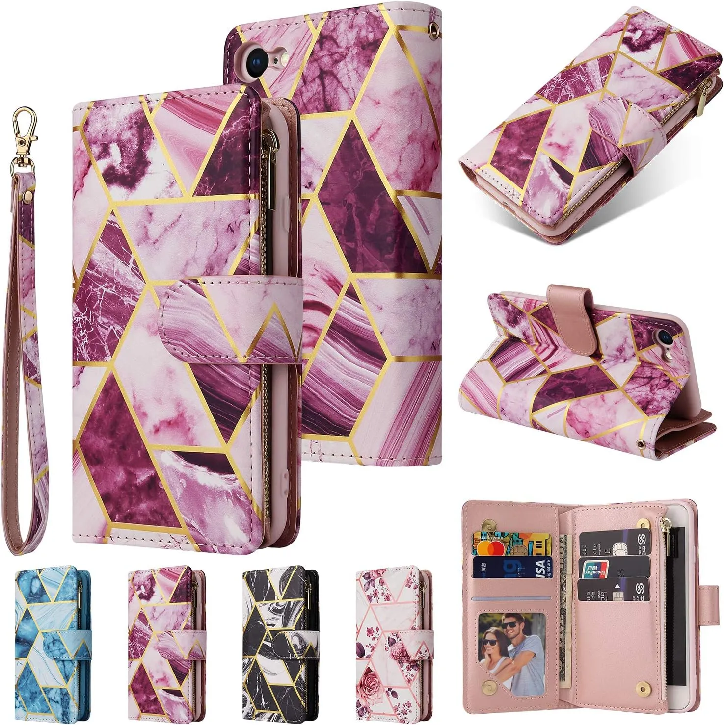 UEEBAI Wallet Case for iPhone 7/iPhone 8/iPhone SE, PU Leather Case Magnetic Closure Handbag Zipper Pocket Case Kickstand Card Slots with Hand Strap Marple Flip Case for Women - Marble Purple