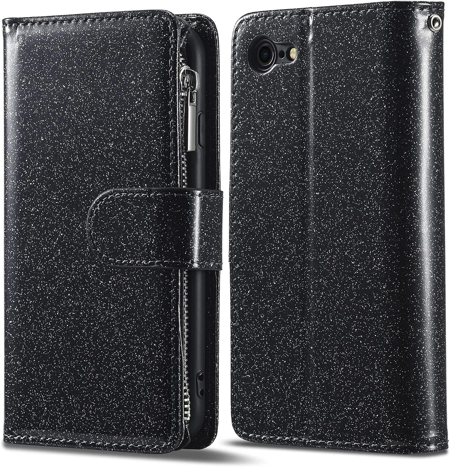 UEEBAI Wallet Case for iPhone SE 2022 5G/iPhone 7/iPhone 8/iPhone SE 2020, Premium PU Leather Magnetic Closure Handbag Zipper Cover Card Slots Flip Case for iPhone SE3/SE2 - Glitter Black