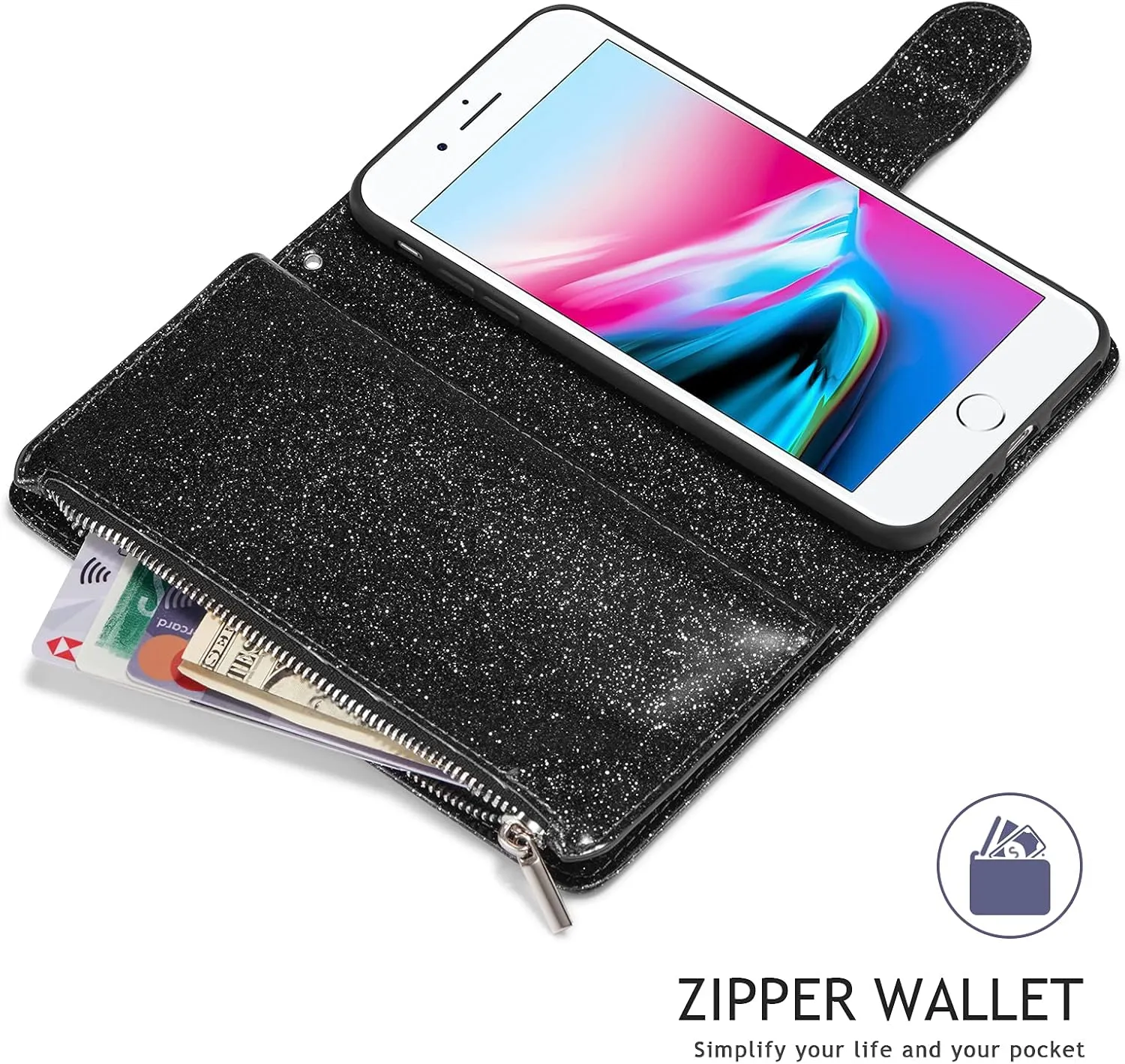 UEEBAI Wallet Case for iPhone SE 2022 5G/iPhone 7/iPhone 8/iPhone SE 2020, Premium PU Leather Magnetic Closure Handbag Zipper Cover Card Slots Flip Case for iPhone SE3/SE2 - Glitter Black