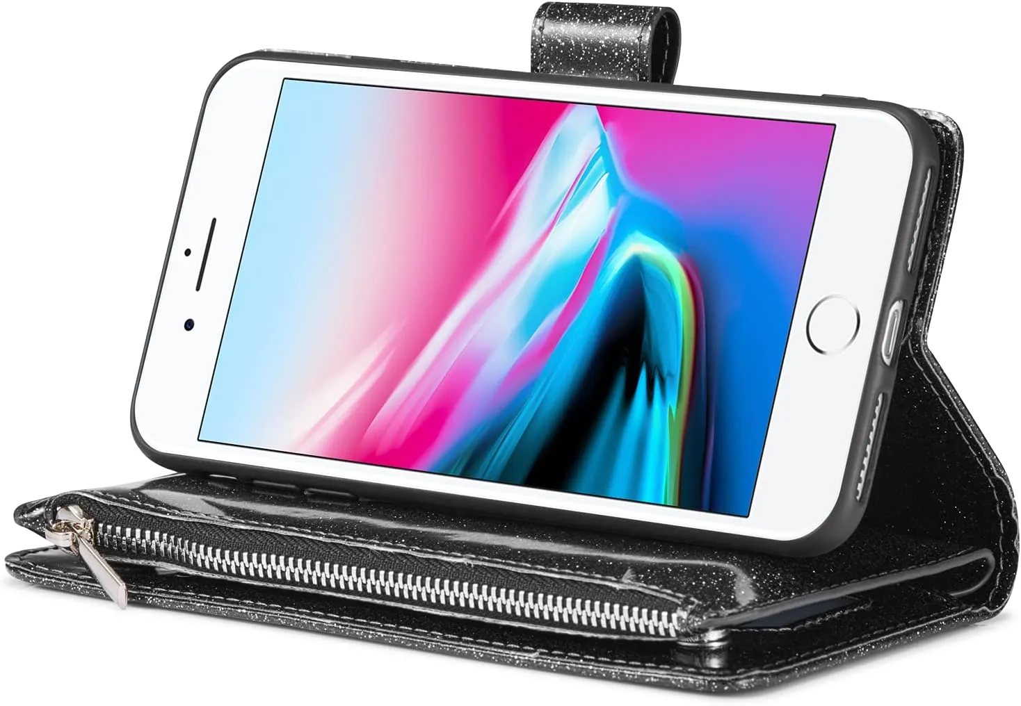 UEEBAI Wallet Case for iPhone SE 2022 5G/iPhone 7/iPhone 8/iPhone SE 2020, Premium PU Leather Magnetic Closure Handbag Zipper Cover Card Slots Flip Case for iPhone SE3/SE2 - Glitter Black