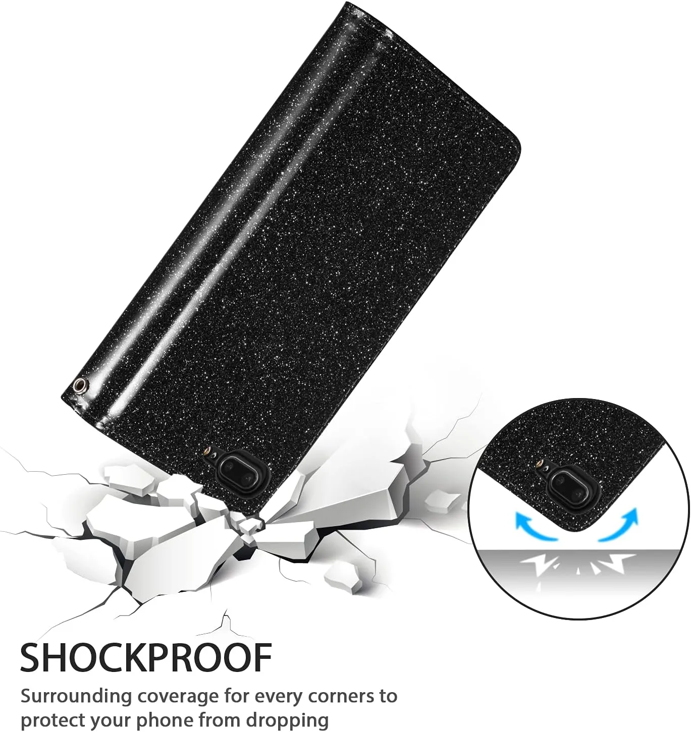 UEEBAI Wallet Case for iPhone SE 2022 5G/iPhone 7/iPhone 8/iPhone SE 2020, Premium PU Leather Magnetic Closure Handbag Zipper Cover Card Slots Flip Case for iPhone SE3/SE2 - Glitter Black