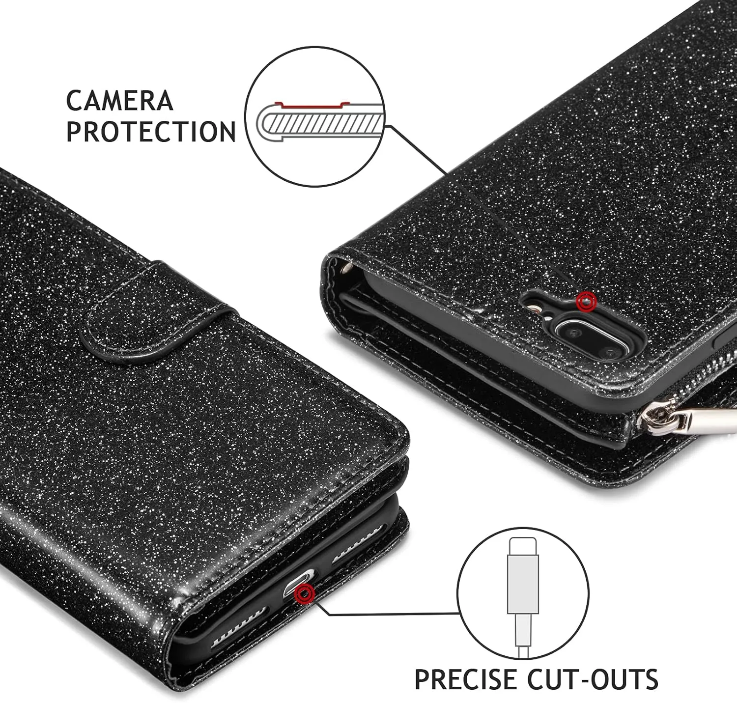 UEEBAI Wallet Case for iPhone SE 2022 5G/iPhone 7/iPhone 8/iPhone SE 2020, Premium PU Leather Magnetic Closure Handbag Zipper Cover Card Slots Flip Case for iPhone SE3/SE2 - Glitter Black