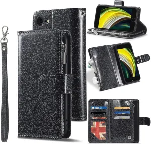 UEEBAI Wallet Case for iPhone SE 2022 5G/iPhone 7/iPhone 8/iPhone SE 2020, Premium PU Leather Magnetic Closure Handbag Zipper Cover Card Slots Flip Case for iPhone SE3/SE2 - Glitter Black