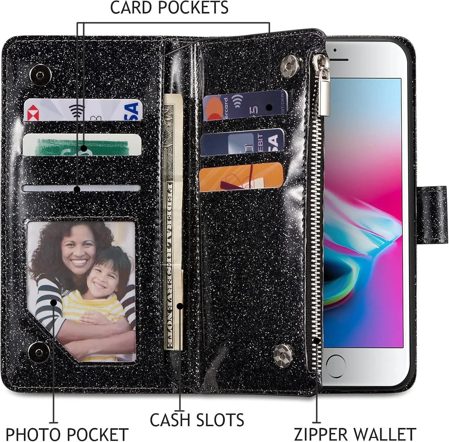 UEEBAI Wallet Case for iPhone SE 2022 5G/iPhone 7/iPhone 8/iPhone SE 2020, Premium PU Leather Magnetic Closure Handbag Zipper Cover Card Slots Flip Case for iPhone SE3/SE2 - Glitter Black