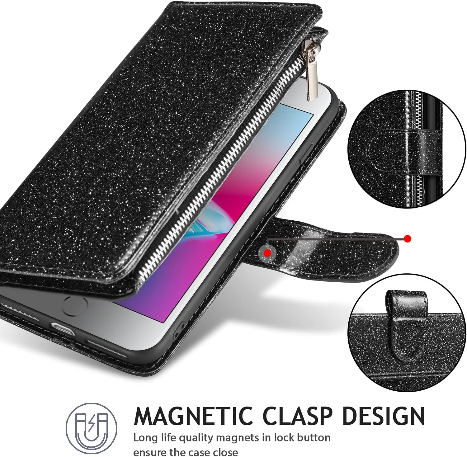 UEEBAI Wallet Case for iPhone SE 2022 5G/iPhone 7/iPhone 8/iPhone SE 2020, Premium PU Leather Magnetic Closure Handbag Zipper Cover Card Slots Flip Case for iPhone SE3/SE2 - Glitter Black
