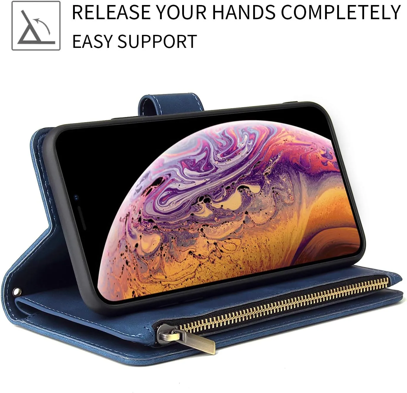 UEEBAI Wallet Case for iPhone XR, Premium Vintage PU Leather Magnetic Closure Handbag Zipper Pocket Case Kickstand Card Holder Slots with Wrist Strap TPU Shockproof Flip Cover - Blue