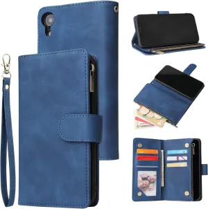 UEEBAI Wallet Case for iPhone XR, Premium Vintage PU Leather Magnetic Closure Handbag Zipper Pocket Case Kickstand Card Holder Slots with Wrist Strap TPU Shockproof Flip Cover - Blue