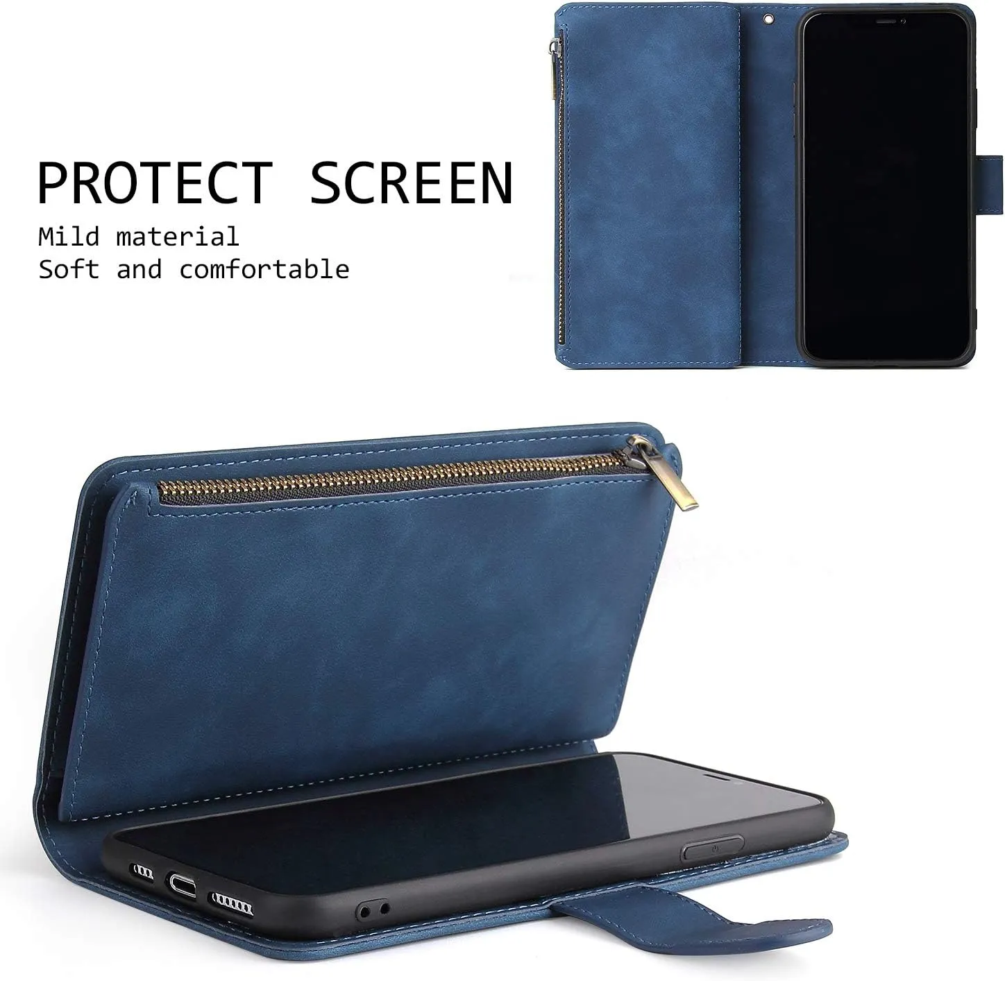 UEEBAI Wallet Case for iPhone XR, Premium Vintage PU Leather Magnetic Closure Handbag Zipper Pocket Case Kickstand Card Holder Slots with Wrist Strap TPU Shockproof Flip Cover - Blue