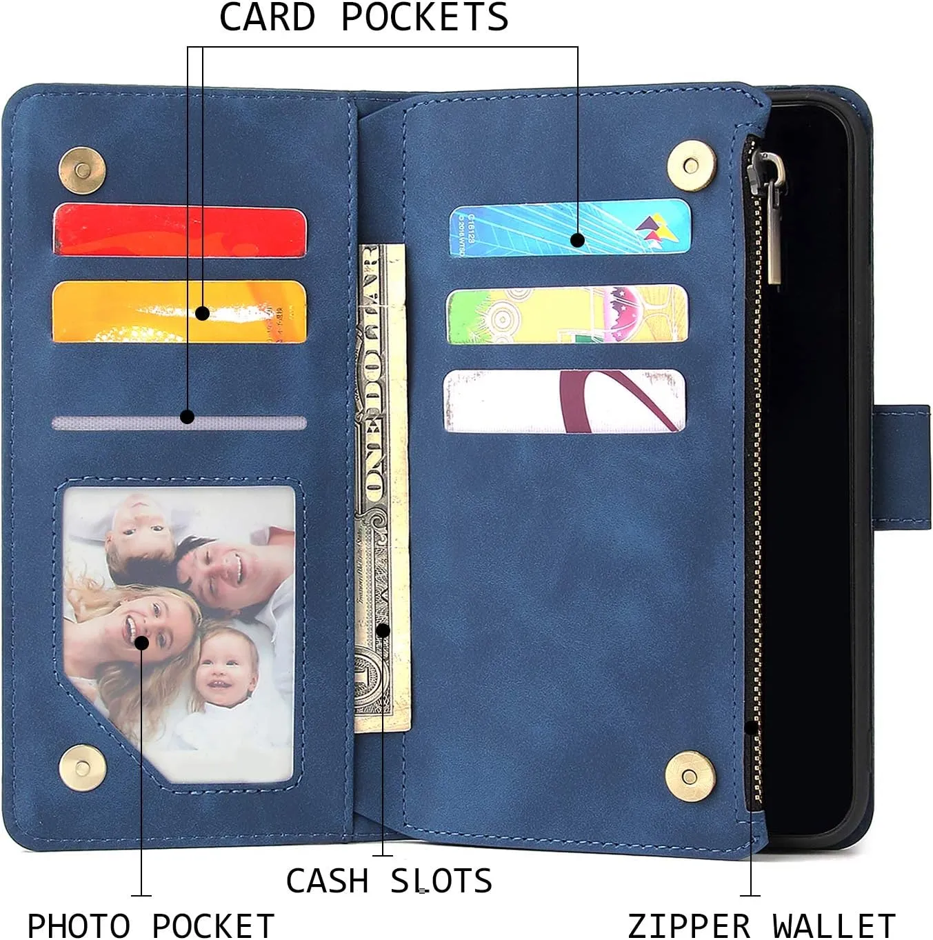 UEEBAI Wallet Case for iPhone XR, Premium Vintage PU Leather Magnetic Closure Handbag Zipper Pocket Case Kickstand Card Holder Slots with Wrist Strap TPU Shockproof Flip Cover - Blue