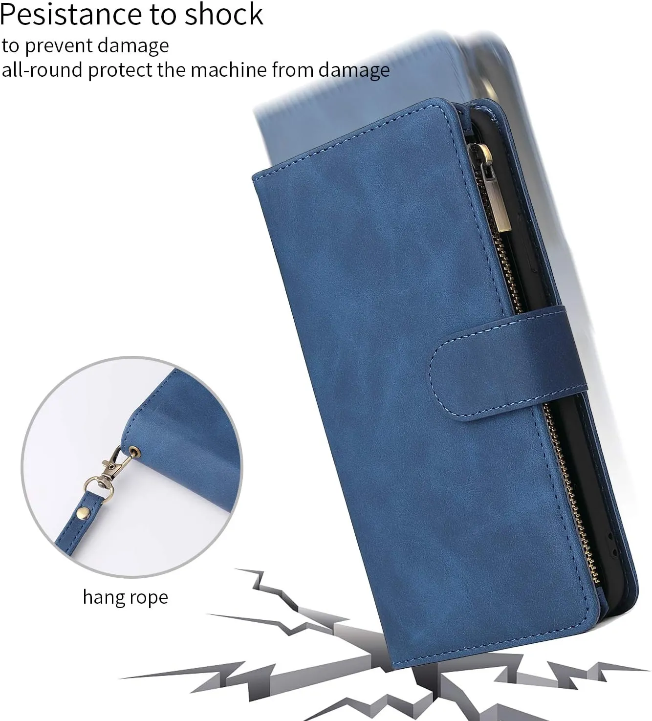 UEEBAI Wallet Case for iPhone XR, Premium Vintage PU Leather Magnetic Closure Handbag Zipper Pocket Case Kickstand Card Holder Slots with Wrist Strap TPU Shockproof Flip Cover - Blue