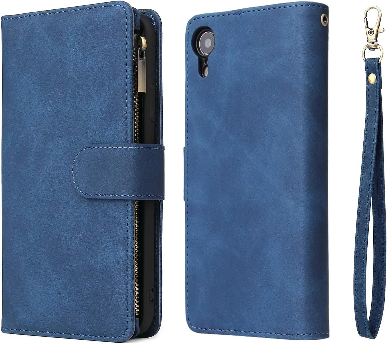 UEEBAI Wallet Case for iPhone XR, Premium Vintage PU Leather Magnetic Closure Handbag Zipper Pocket Case Kickstand Card Holder Slots with Wrist Strap TPU Shockproof Flip Cover - Blue