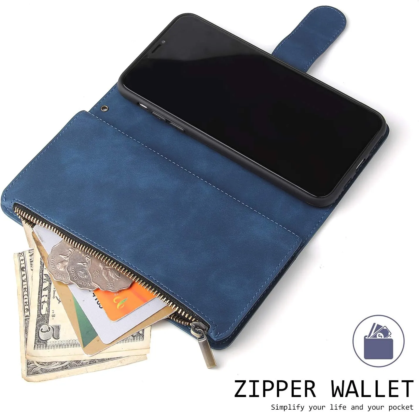 UEEBAI Wallet Case for iPhone XR, Premium Vintage PU Leather Magnetic Closure Handbag Zipper Pocket Case Kickstand Card Holder Slots with Wrist Strap TPU Shockproof Flip Cover - Blue