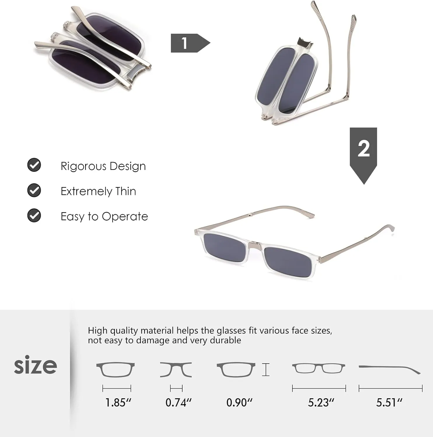Unbreakable Evolved Folding Reading Sunglasses Women Men Blue Light Blocking Anti UV Eyestrain Foldable Portable Compact Lens Sun Readers Upgraded Metal Case Pocket Computer glasses 2.0 BLACK