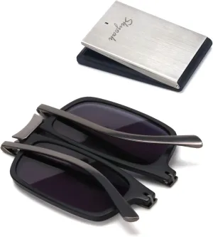 Unbreakable Evolved Folding Reading Sunglasses Women Men Blue Light Blocking Anti UV Eyestrain Foldable Portable Compact Lens Sun Readers Upgraded Metal Case Pocket Computer glasses 2.0 BLACK