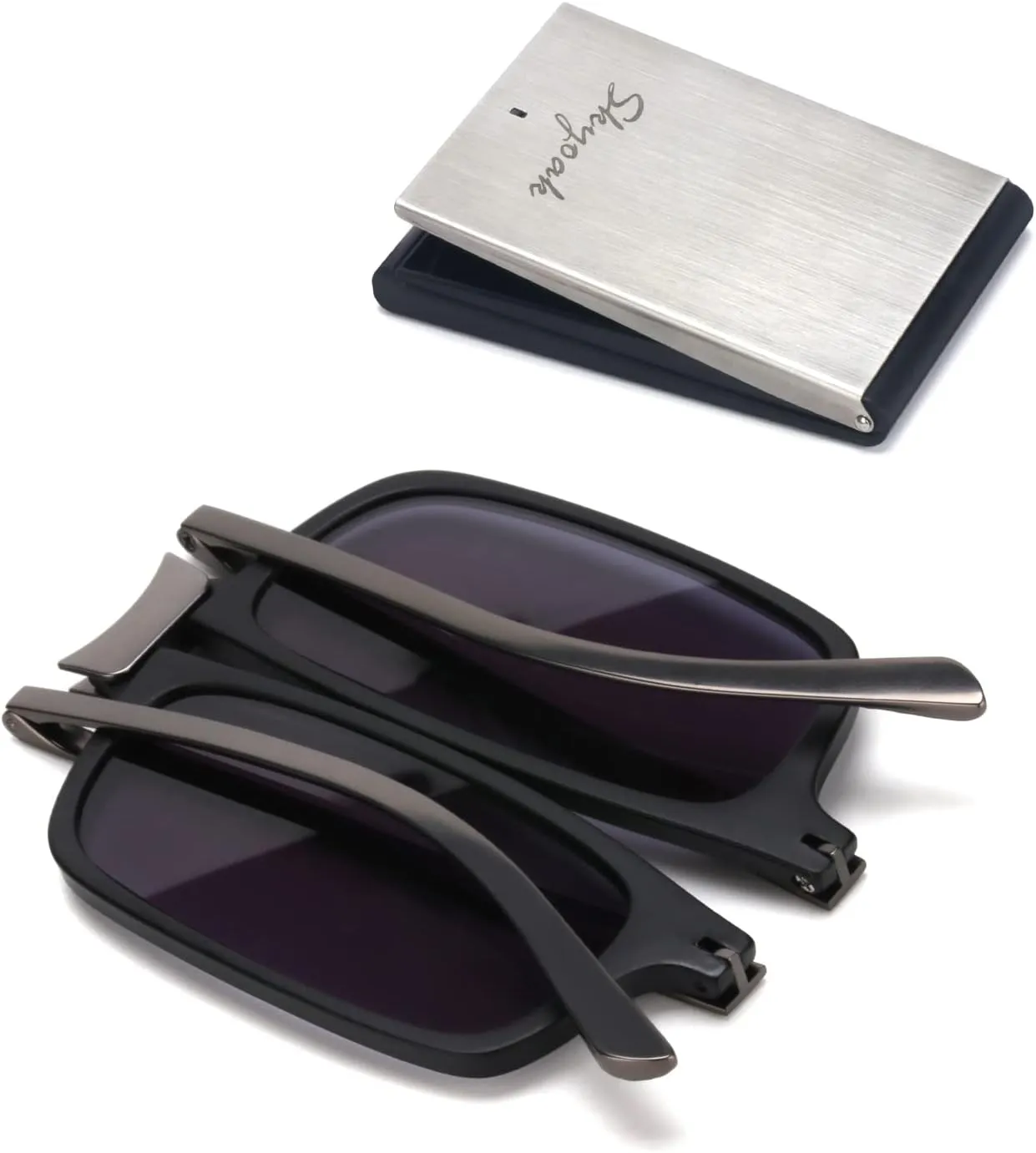 Unbreakable Evolved Folding Reading Sunglasses Women Men Blue Light Blocking Anti UV Eyestrain Foldable Portable Compact Lens Sun Readers Upgraded Metal Case Pocket Computer glasses 2.0 BLACK