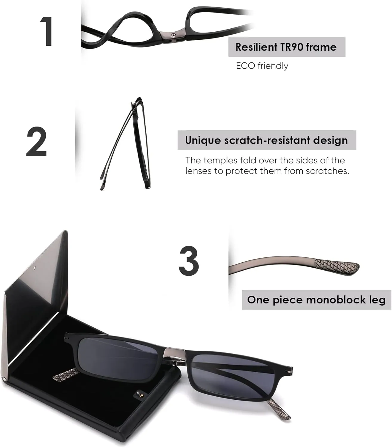 Unbreakable Evolved Folding Reading Sunglasses Women Men Blue Light Blocking Anti UV Eyestrain Foldable Portable Compact Lens Sun Readers Upgraded Metal Case Pocket Computer glasses 2.0 BLACK
