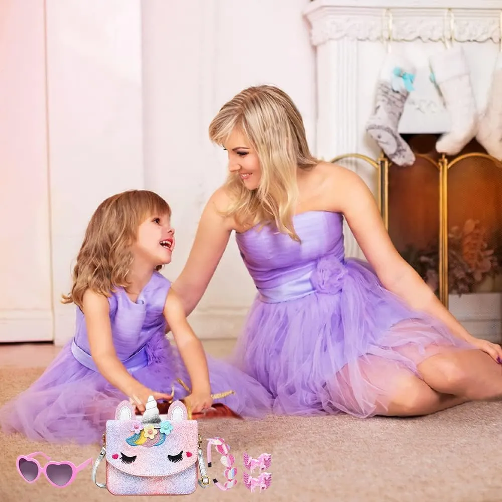 Unicorn Purse for Little Girls,Toddlers Crossbody Bags Kids with Accessories Cute Flap Bag Kids,Sunglass for Girls