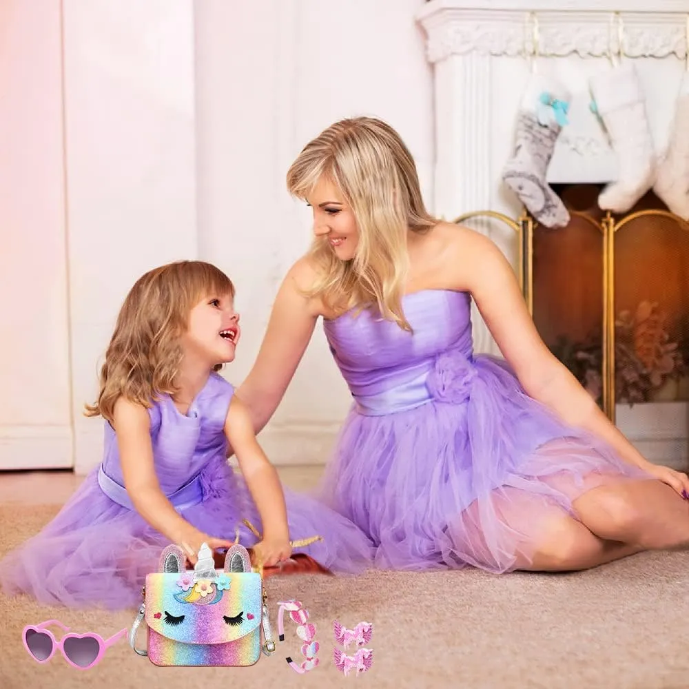 Unicorn Purse for Little Girls,Toddlers Crossbody Bags Kids with Accessories Cute Flap Bag Kids,Sunglass for Girls