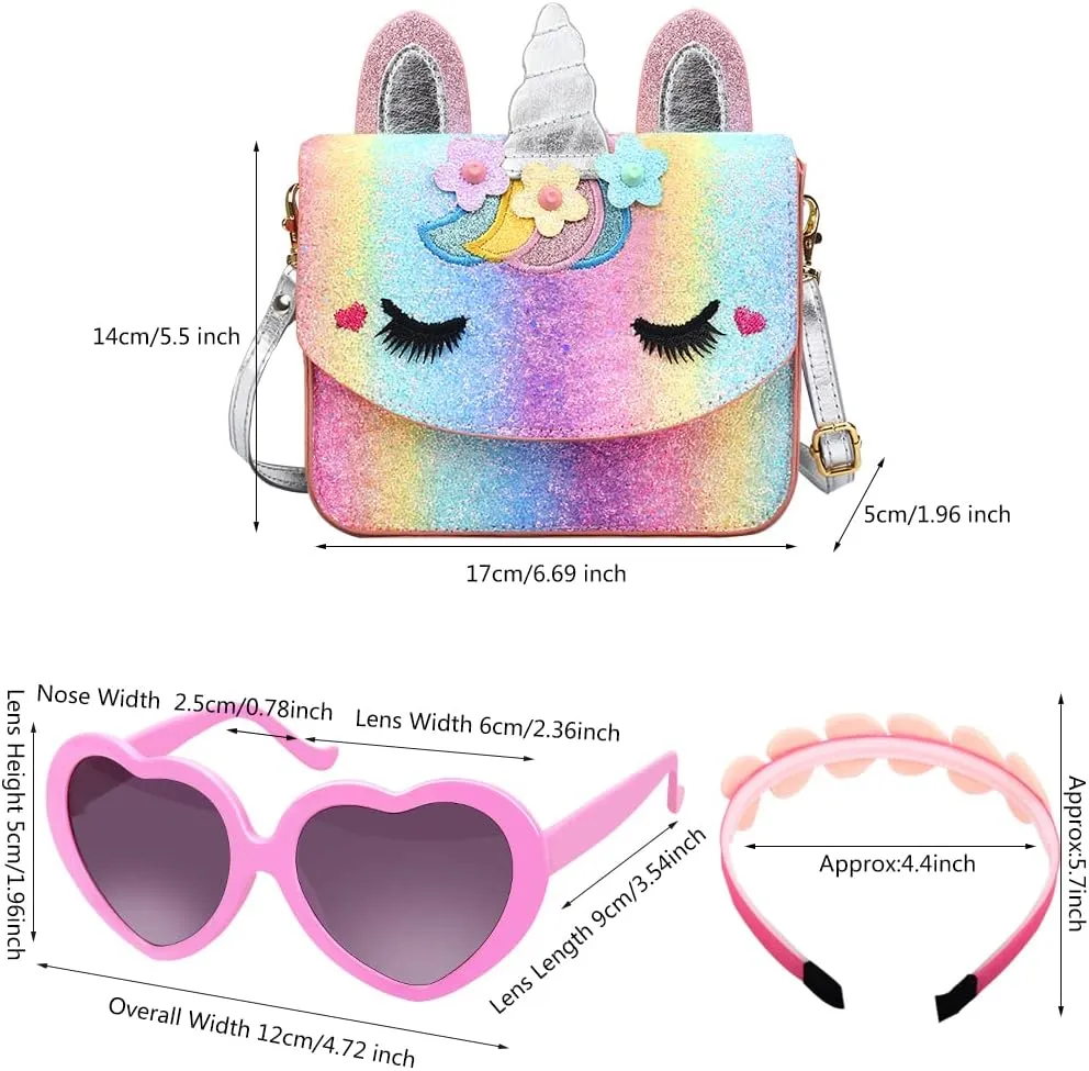 Unicorn Purse for Little Girls,Toddlers Crossbody Bags Kids with Accessories Cute Flap Bag Kids,Sunglass for Girls
