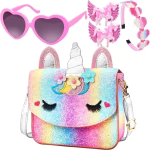 Unicorn Purse for Little Girls,Toddlers Crossbody Bags Kids with Accessories Cute Flap Bag Kids,Sunglass for Girls