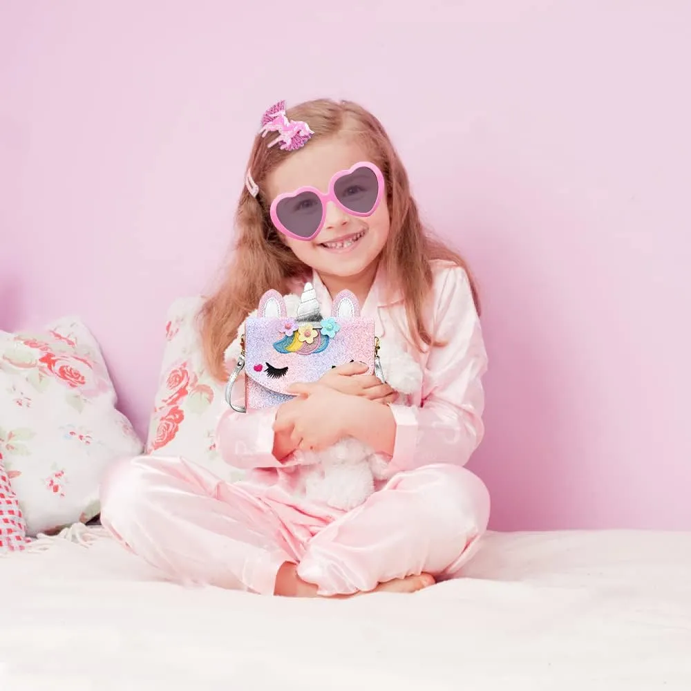 Unicorn Purse for Little Girls,Toddlers Crossbody Bags Kids with Accessories Cute Flap Bag Kids,Sunglass for Girls