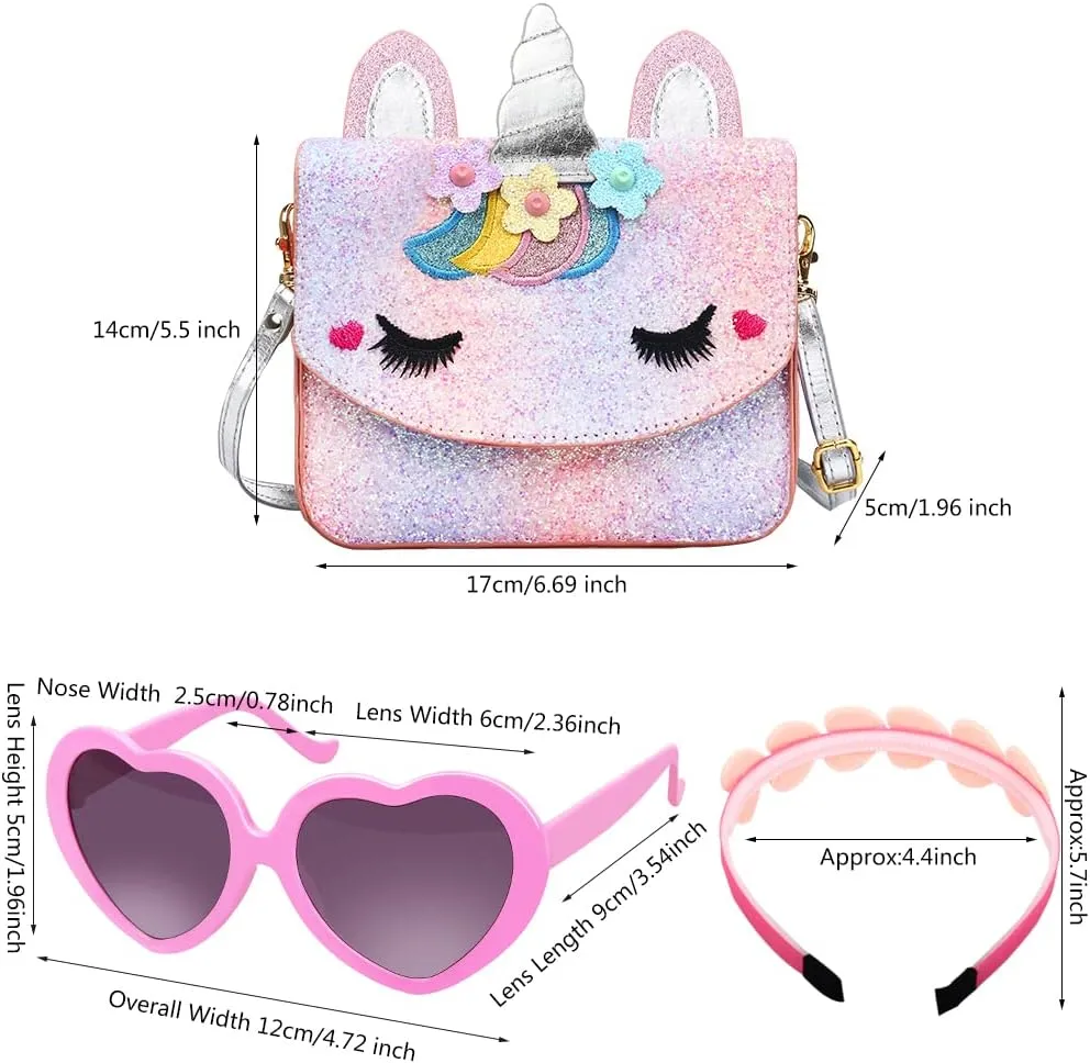 Unicorn Purse for Little Girls,Toddlers Crossbody Bags Kids with Accessories Cute Flap Bag Kids,Sunglass for Girls