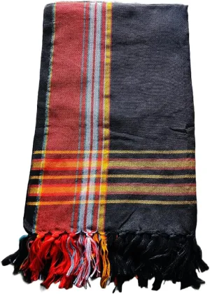 Unisex African Kikoy Scarf, Sarong, Wrap, Throw - 100% Cotton, Handmade Tassels, Multi-Use Beach Cover-Up, Picnic Blanket, & More – Black with Brown border.