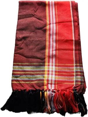 Unisex African Kikoy Scarf, Sarong, Wrap, Throw - 100% Cotton, Handmade Tassels, Multi-Use Beach Cover-Up, Picnic Blanket, & More – Brown with Orange border.