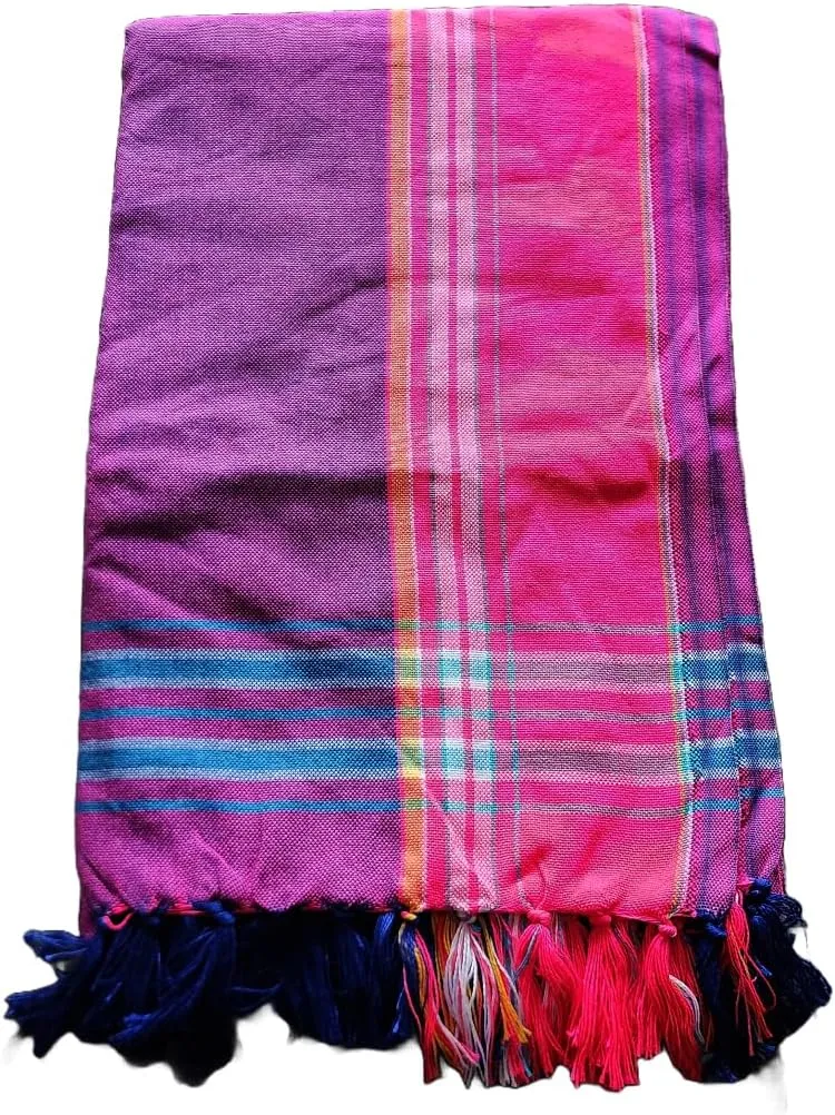 Unisex African Kikoy Scarf, Sarong, Wrap, Throw - 100% Cotton, Handmade Tassels, Multi-Use Beach Cover-Up, Picnic Blanket, & More – Purple with Pink border.
