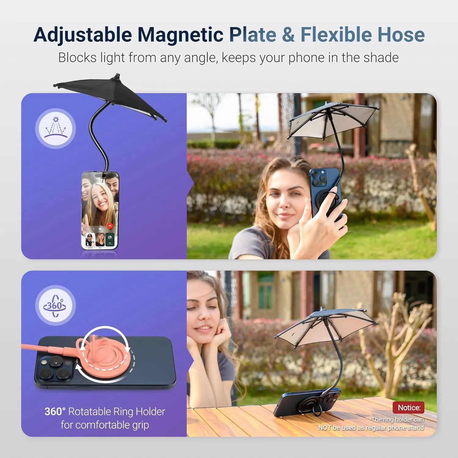 UPF 45  Magnetic Phone Umbrella with Black Anti-UV Coating, Upgrade UV Cellphone Umbrella with Bendable & Phone Ring Design for Outdoor Beach Tiktok Video Watching Anti-Glare Gaming Anti-Heating-Orange