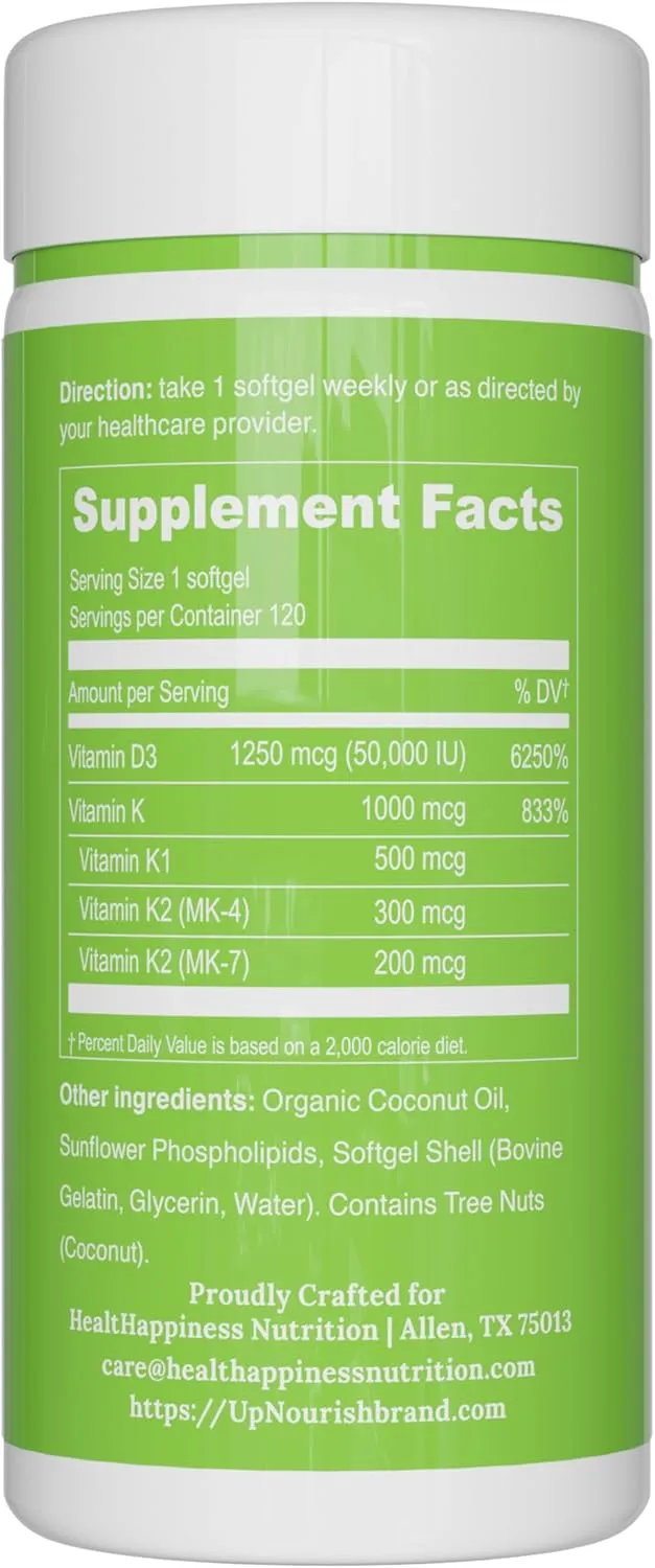 UpNourish Liposomal Vitamin D3 50000 IU (Vitamina D3 de 50000) with 1000 mcg Vitamin K, High Dose Vitamin D3 K2, Vitamin D 50000 IU with K1, K2 MK-4 and MK-7, 120 Mini Softgels