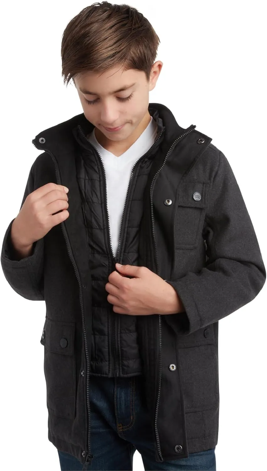 URBAN REPUBLIC Boys Wool Dress Coat - Warm Stylish Winter Jacket with Double Zip and Snap Closure and Bib Insert (Size: 4-20)