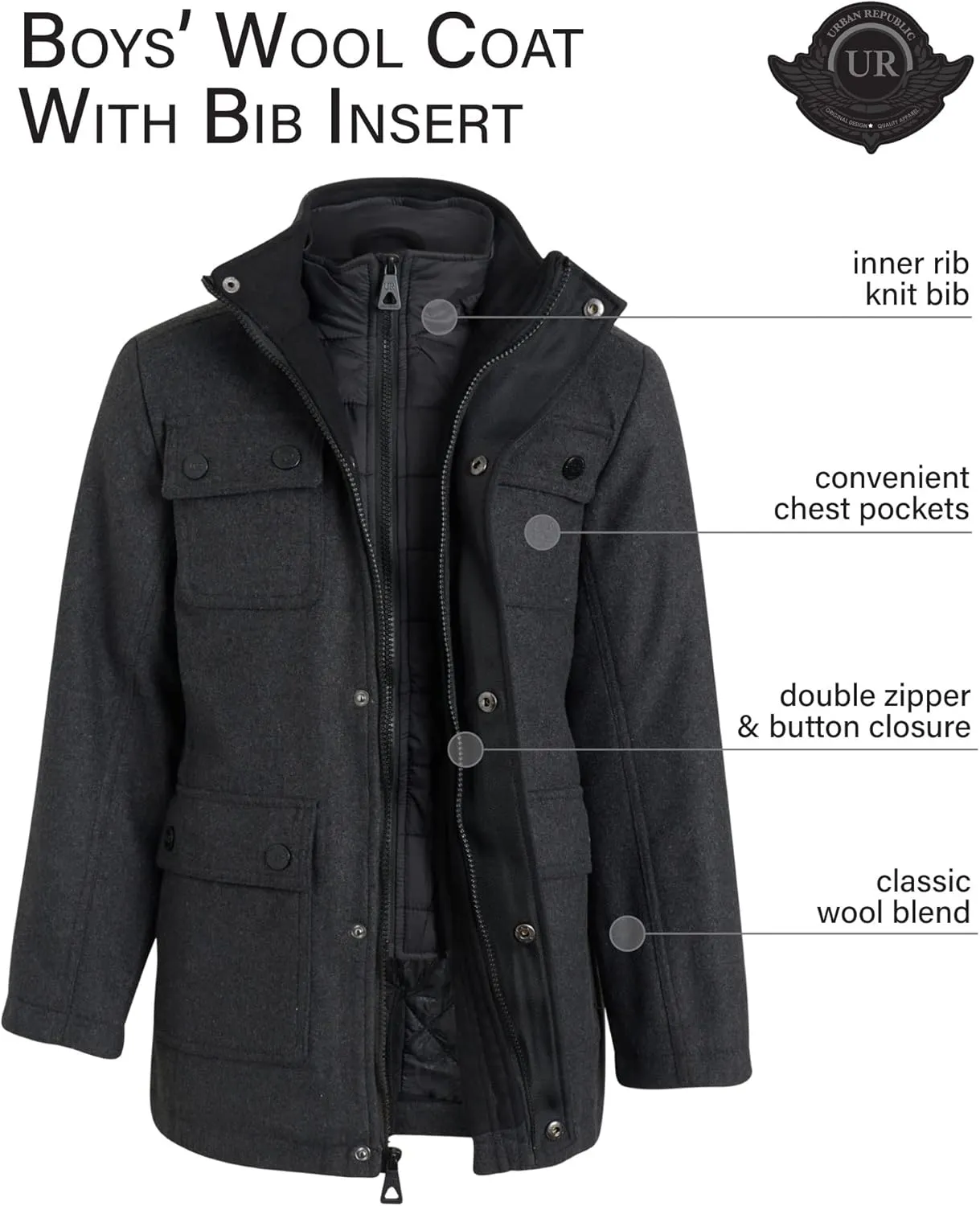 URBAN REPUBLIC Boys Wool Dress Coat - Warm Stylish Winter Jacket with Double Zip and Snap Closure and Bib Insert (Size: 4-20)