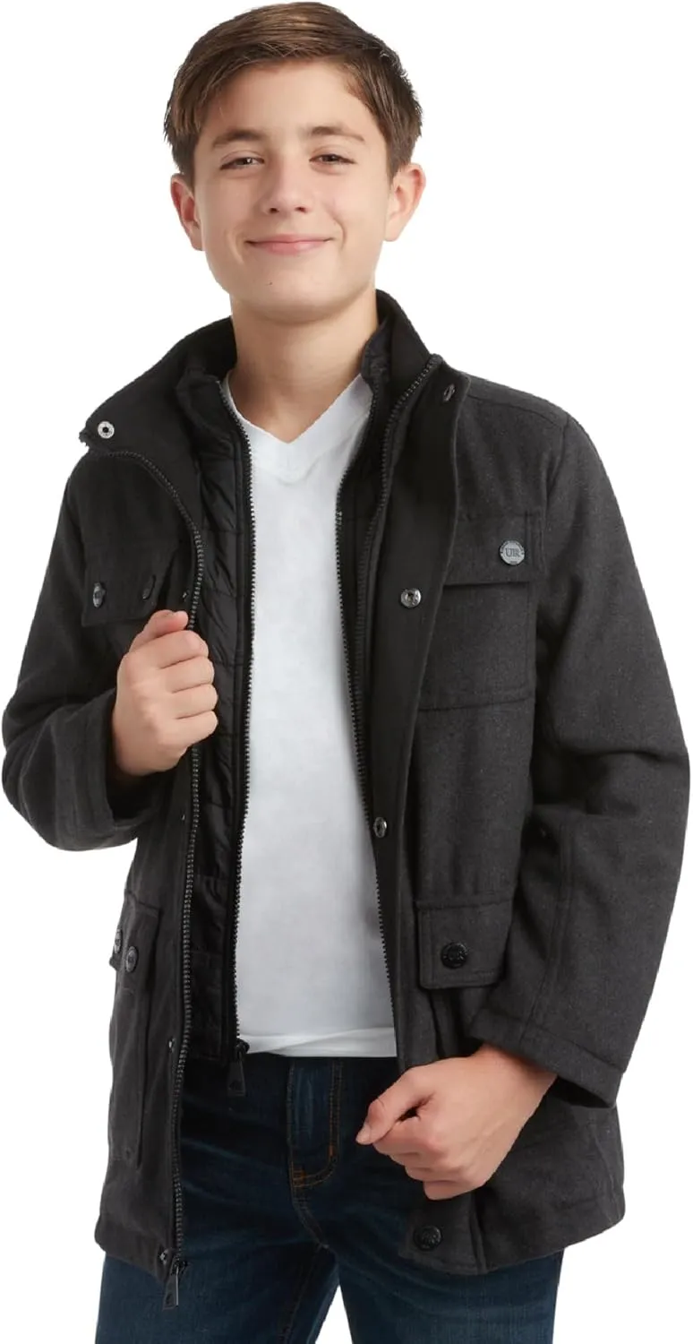 URBAN REPUBLIC Boys Wool Dress Coat - Warm Stylish Winter Jacket with Double Zip and Snap Closure and Bib Insert (Size: 4-20)