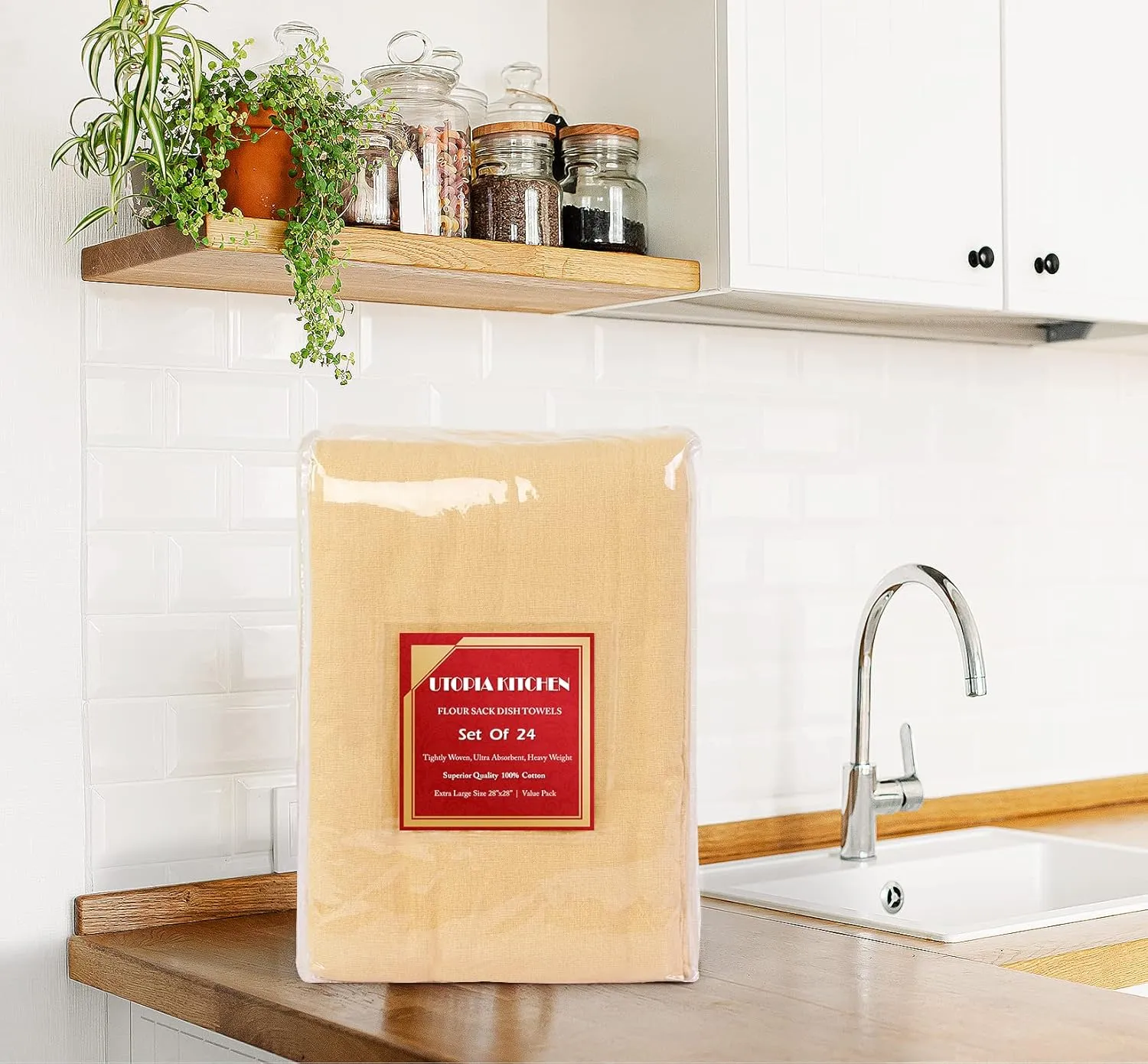 Utopia Kitchen Beige Flour Sack Towels [24 Pack - 28 x 28 Inch] 100% Cotton Tea Towels for Cleaning & Drying - Highly Absorbent Kitchen Dish Cloth