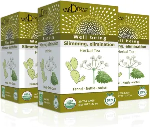 Valdena Bio Fennel, Nettle and Cactus Herbal Tea, Organic Tea Blend for Stomach and Digestion (Pack of 3, total of 60 Individually wrapped tea bags)
