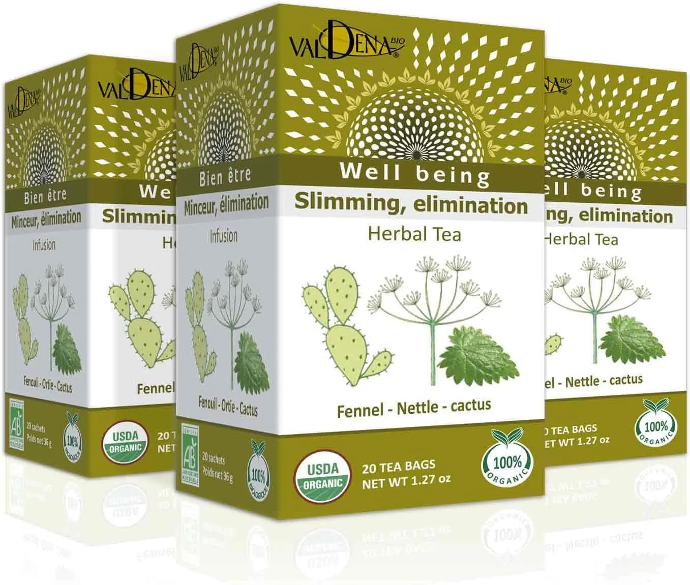Valdena Bio Fennel, Nettle and Cactus Herbal Tea, Organic Tea Blend for Stomach and Digestion (Pack of 3, total of 60 Individually wrapped tea bags)