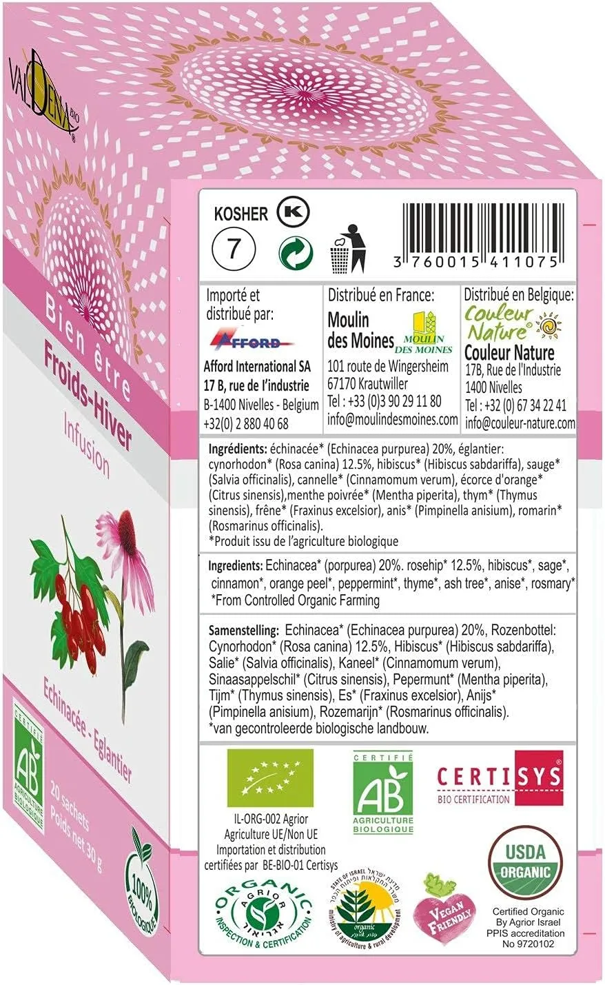 Valdena Bio Organic Echinacea Rosehip Herbal Tea Infusion (Pack of 3, total of 60 individually wrapped Tea Bags) Immunity boost, Immune support, Wellness tea, Kosher, Non-GMO