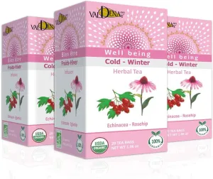 Valdena Bio Organic Echinacea Rosehip Herbal Tea Infusion (Pack of 3, total of 60 individually wrapped Tea Bags) Immunity boost, Immune support, Wellness tea, Kosher, Non-GMO