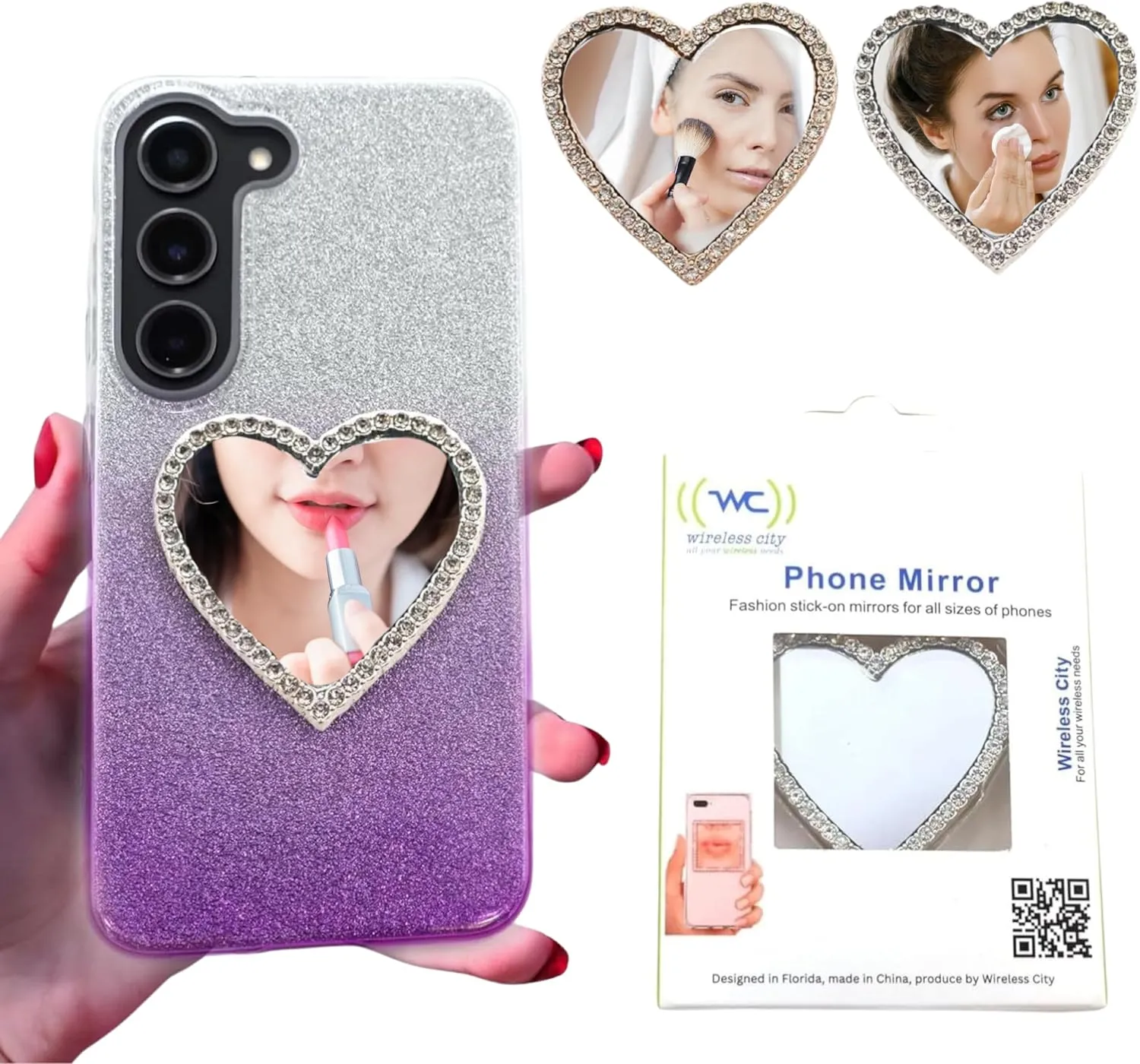 Valentines Day Gifts for Her Heart Stick-On Mirrors for Phone Cases (2-Pack) – Silver & Gold Compact Mirrors for All Cell Phones Mini Adhesive Mirrors for Makeup & Selfies