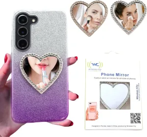 Valentines Day Gifts for Her Heart Stick-On Mirrors for Phone Cases (2-Pack) – Silver & Gold Compact Mirrors for All Cell Phones Mini Adhesive Mirrors for Makeup & Selfies