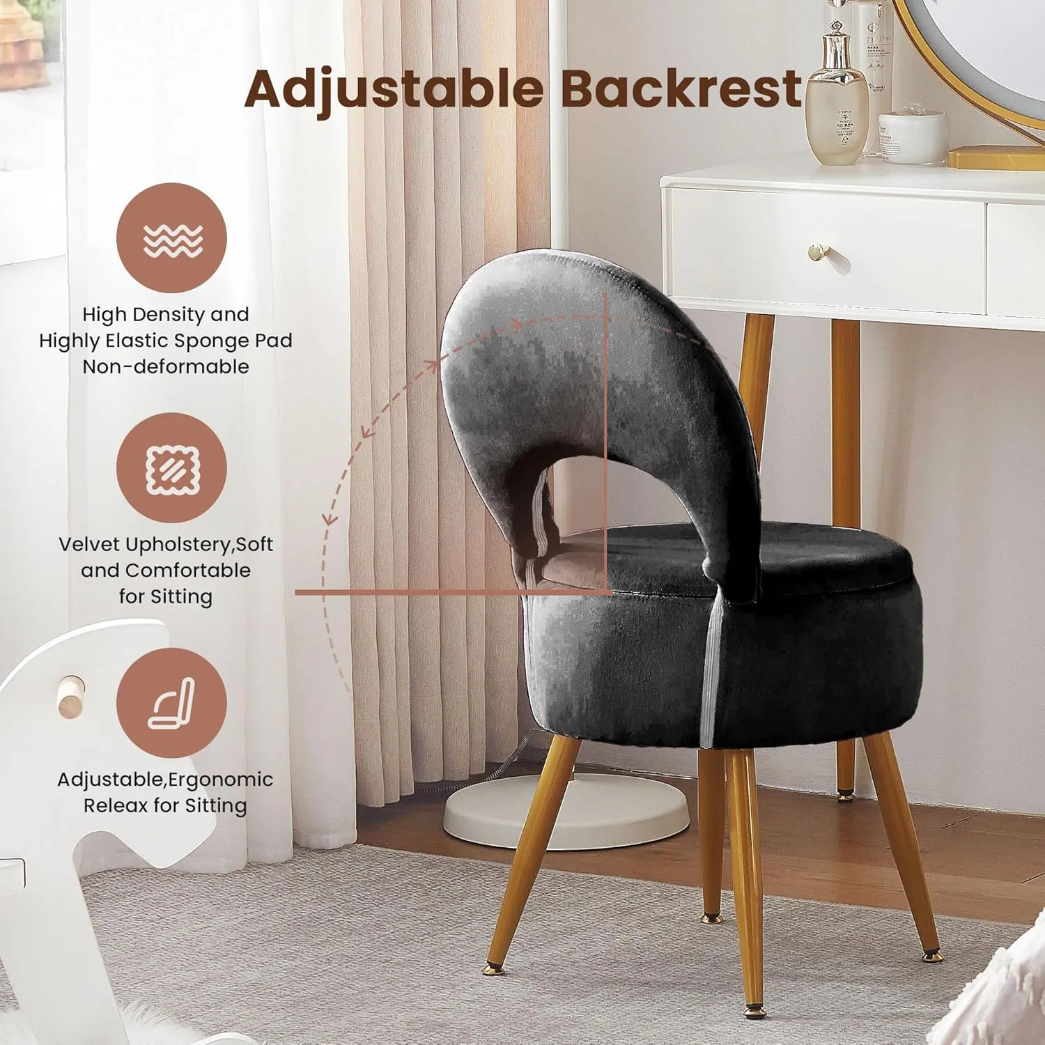 Vanity Stool with Storage and Backrest, Folding Back & Velvet Seat, Footrest, Round Ottoman with Sherpa, Vanity Chair with Storage, Ideal for Bedroom, Living Room, and Makeup Stations