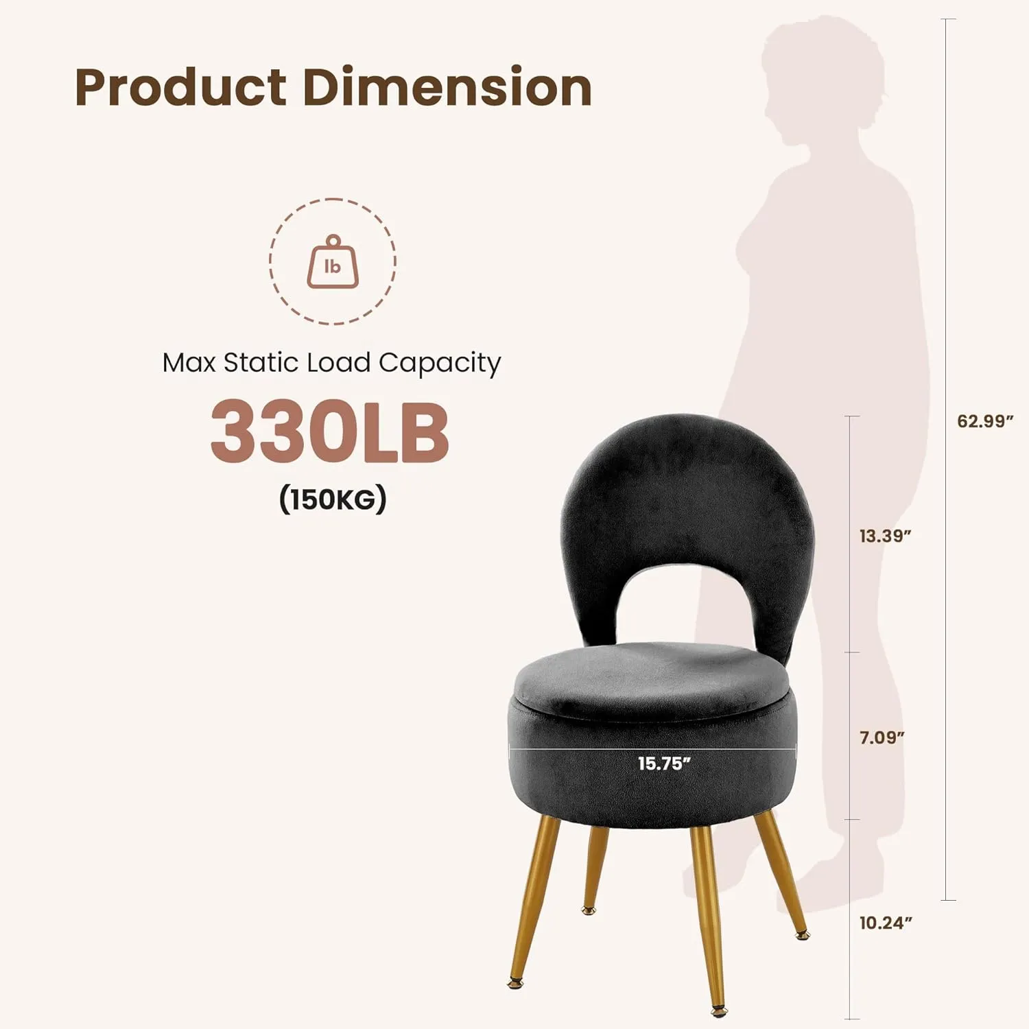 Vanity Stool with Storage and Backrest, Folding Back & Velvet Seat, Footrest, Round Ottoman with Sherpa, Vanity Chair with Storage, Ideal for Bedroom, Living Room, and Makeup Stations