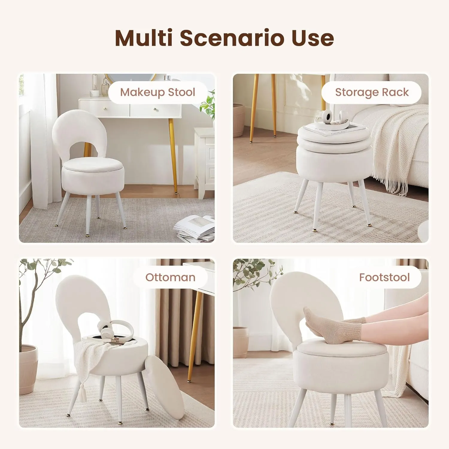 Vanity Stool with Storage and Backrest, Folding Back & Velvet Seat, Footrest, Round Ottoman with Sherpa, Vanity Chair with Storage, Ideal for Bedroom, Living Room, and Makeup Stations